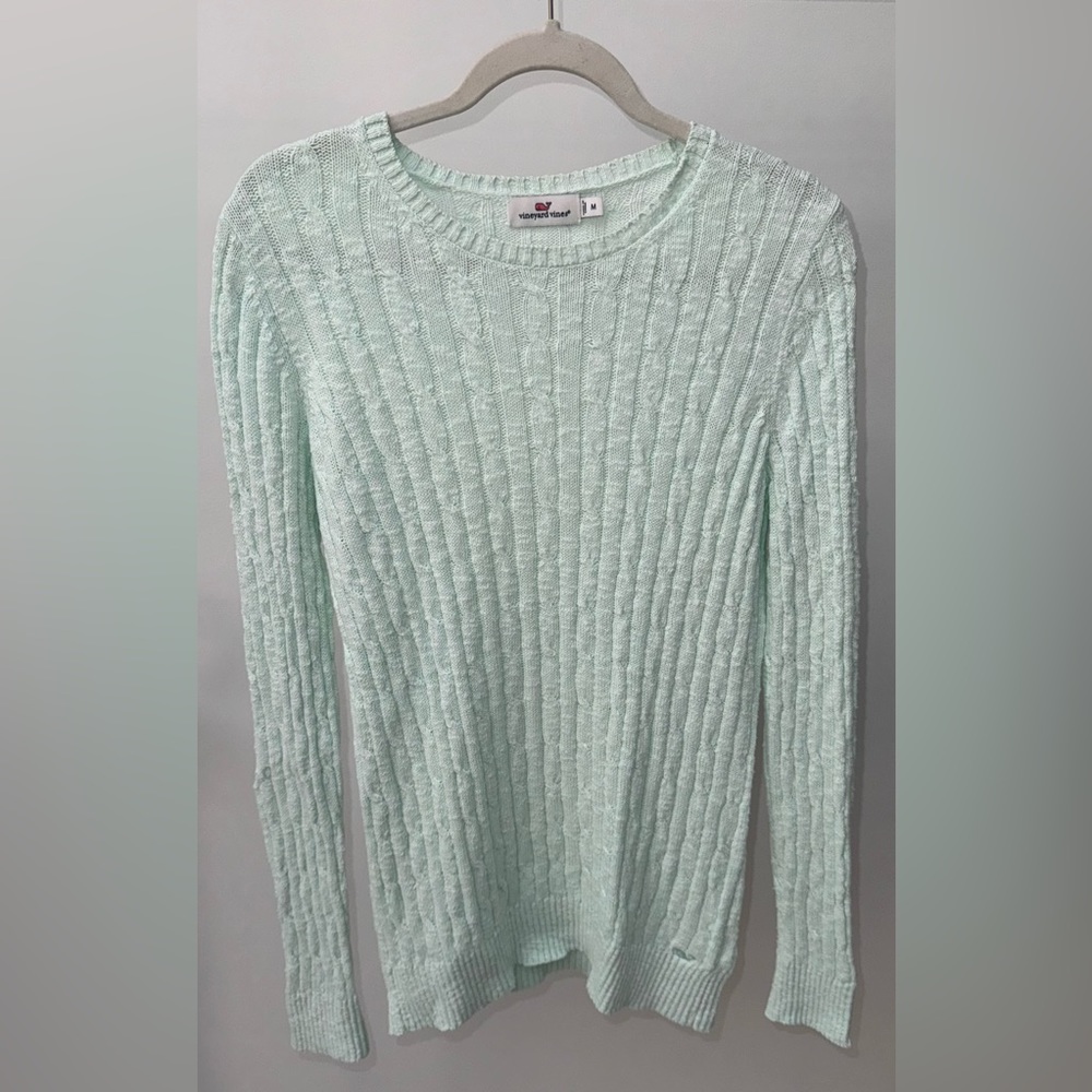 Vineyard Vines Cable Knit Lightweight Pullover Sweater in Mint, Size M